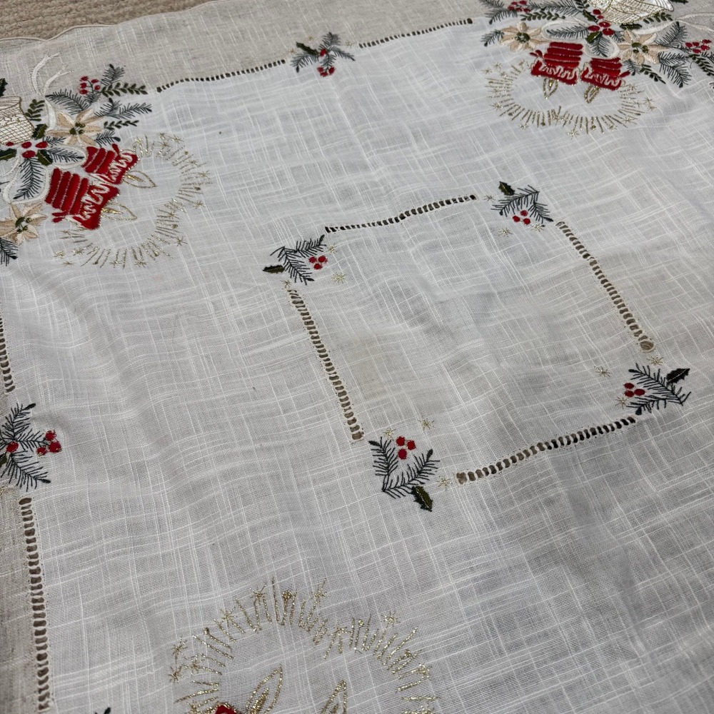 Vintage Embroidered Christmas Tablecloth Bells Poinsettia Holly Hemstitch 33x33 - Picture 8 of 12
